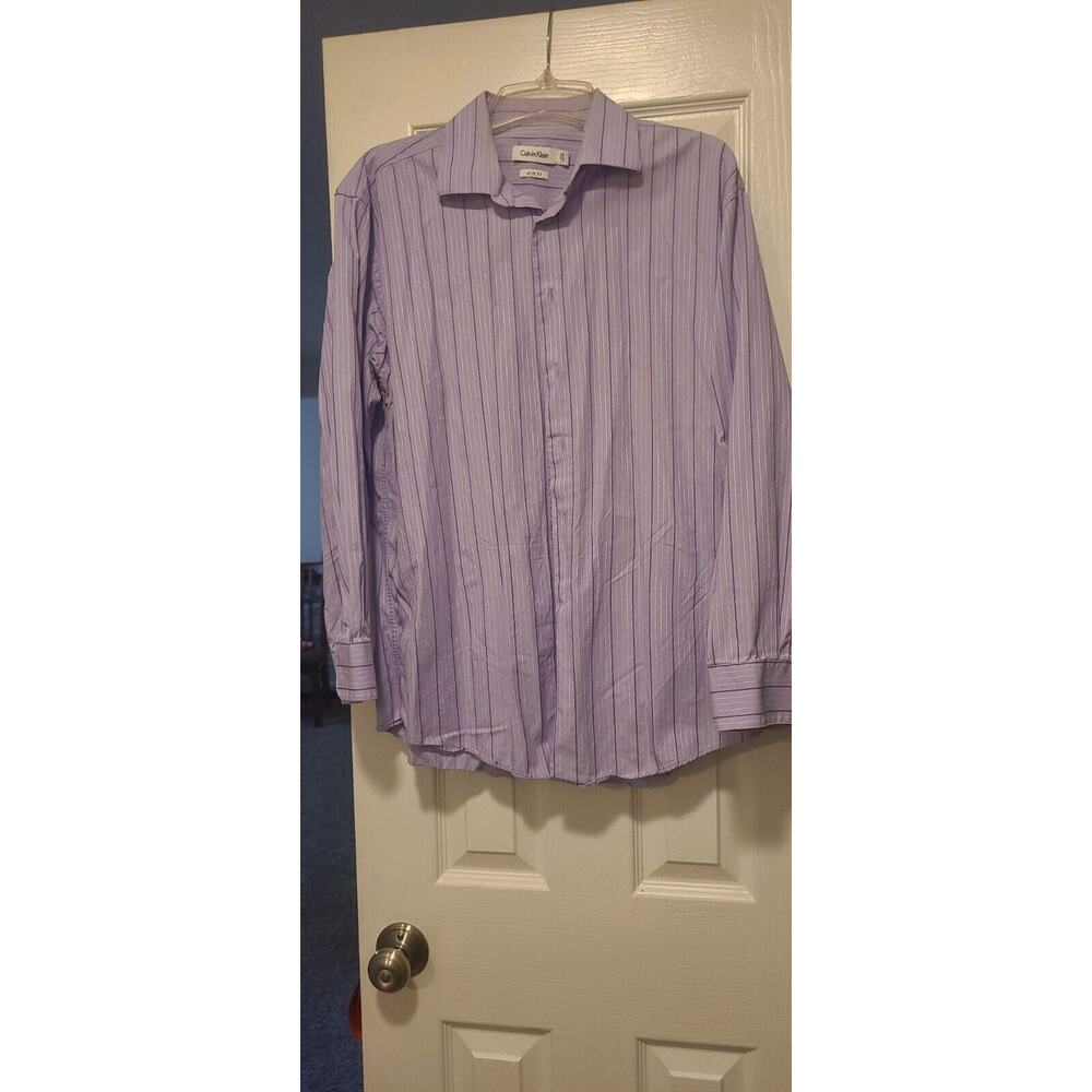Vintage Calvin Klein Slim Fit Purple Striped Men's Button Down Shirt Size 16 1/2
